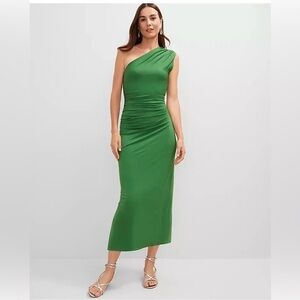 NWT $159 Ann Taylor Petite One Shoulder Shirred Midi Dress in Leafy Green sz 8P
